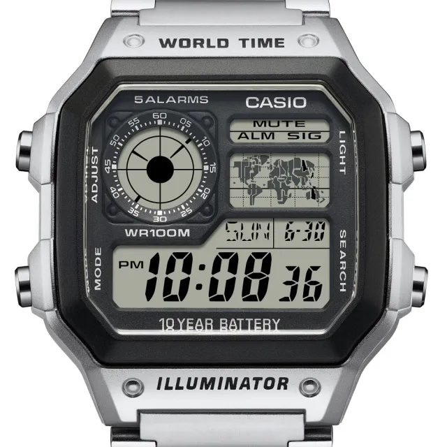 【CASIO 卡西歐】方形不鏽鋼世界地圖電子錶(AE-1200WHD-1A)