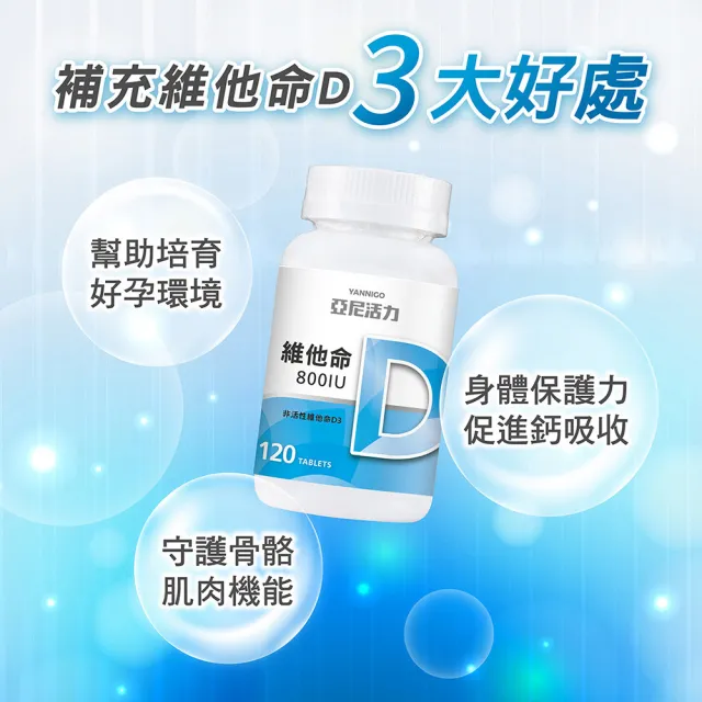 【YANNIGO 亞尼活力】維他命D3 800IU 120顆/罐 備孕維他命 陽光維生素D 迷你好吞設計