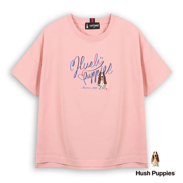 【Hush Puppies】女裝 POLO衫 配色品牌英文刺繡狗落肩上衣 (淺粉紅 / 63210103)