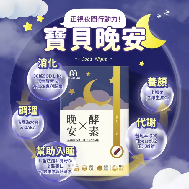 【MIHONG 米鴻生醫】晚安X酵素-添加GABA.色胺酸.海水鎂 x1盒(30顆/盒)