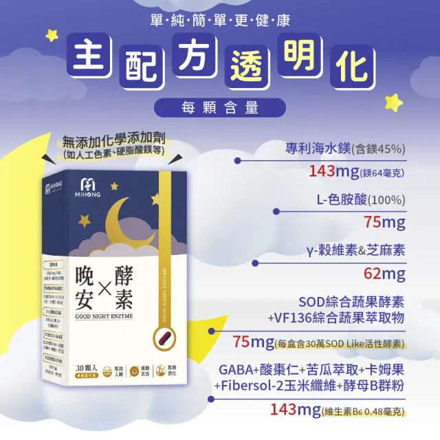 【MIHONG 米鴻生醫】晚安X酵素-添加GABA.色胺酸.海水鎂 x1盒(30顆/盒)