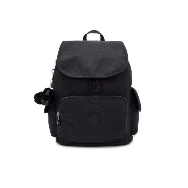 【KIPLING】『猴子包』曜岩黑品牌經典圓標拉鍊掀蓋後背包-CITY PACK S
