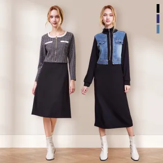 【MYVEGA 麥雪爾】MA假兩件拼接格紋/條紋牛仔長洋裝-多款任選(素色洋裝/連身洋裝/女洋裝/小香風)