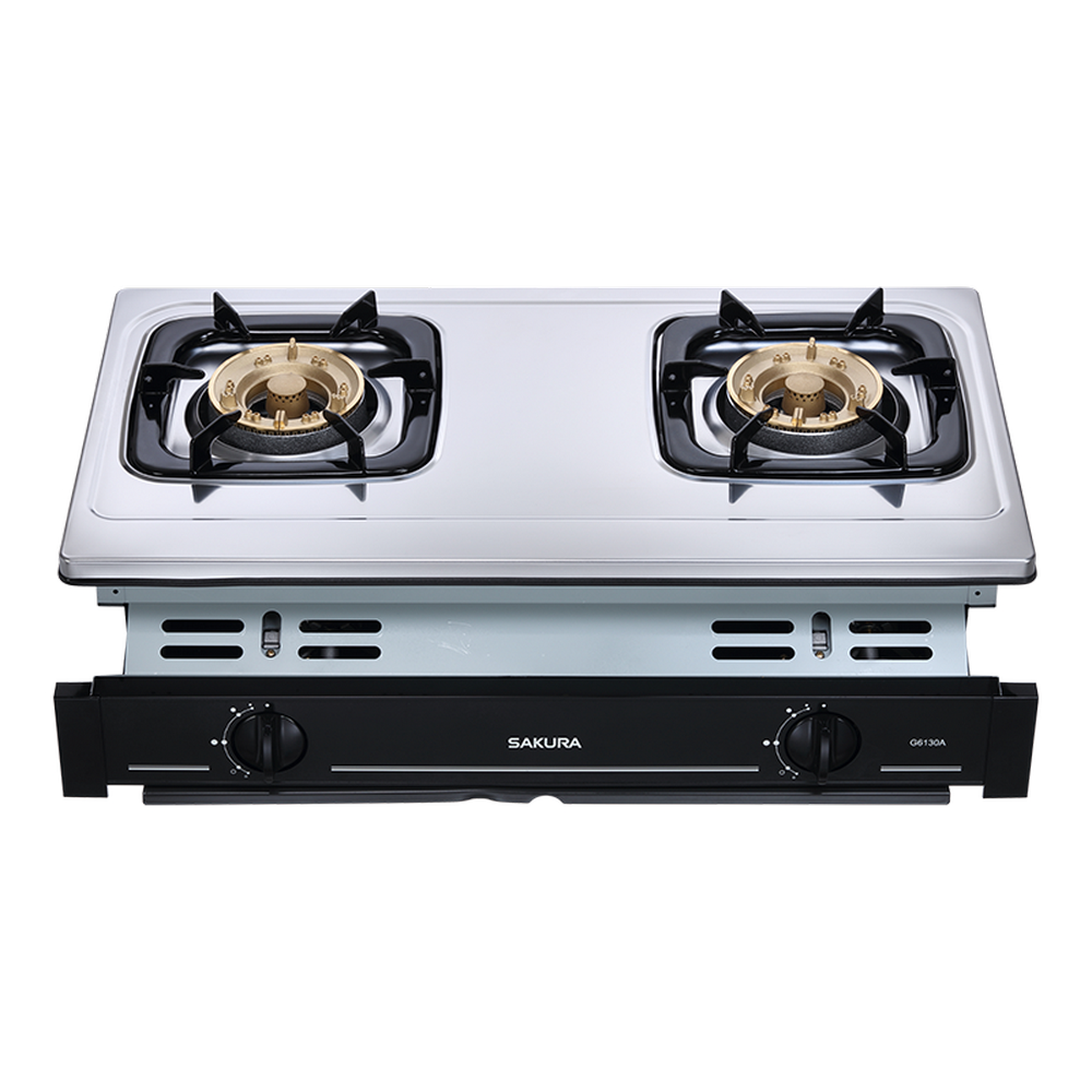  SAKURA櫻花牌 G-6130 雙口瓦斯爐臺，採用不鏽鋼爐臺材質，耐用抗鏽，適閤家庭廚房使用。傳統外擴火焰設計，提供均勻加熱，壓轉式點火操作簡易便捷。瓦斯消耗量9~10kW，能源效率第二級，節能環保。支援天然瓦斯(NG1)與液化瓦斯(LPG)，挖孔尺寸670 × 325 mm，機體尺寸(含爐架)705 × 450 × 235 mm。BSMI許可字號R51085，全機1年保固，標準安裝，選購安心。 