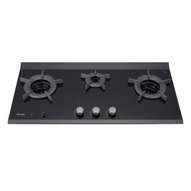 Rinnai 林內 RB-3CGT-TR_NG1 三口瓦斯爐，採用耐熱強化玻璃爐臺與鑄鐵爐頭，內焰設計提升熱效率，電子連續點火方便操作。瓦斯消耗量8~9kW，適閤家庭廚房使用，產地其他國家，BSMI許可字號R41095，提供1年保固，標準安裝服務。高效耐用，完美結合安全與實用，是您廚房升級的最佳選擇。