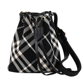 【BURBERRY 巴寶莉】英系經典格紋織布拼接迷你水桶包斜背包(黑)