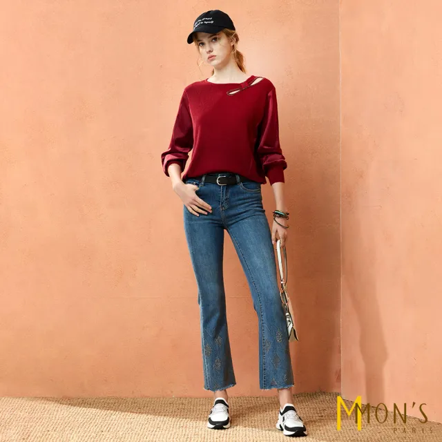 【MON’S】蝴蝶結鑽領拼接針織上衣(直)