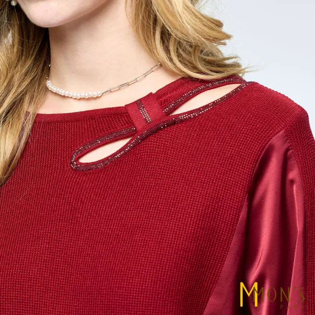 【MON’S】蝴蝶結鑽領拼接針織上衣(直)