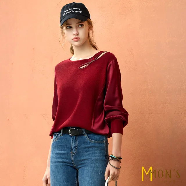 【MON’S】蝴蝶結鑽領拼接針織上衣(直)