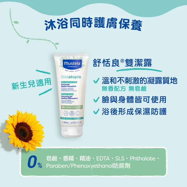 【Mustela 慕之恬廊】舒恬良 乾癢肌全面洗護組(雙潔露200ml＋滋養益膚柔舒霜150ml有機＋柔舒面霜40ml)