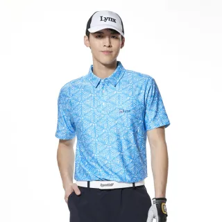 【Lynx Golf】男款吸濕排汗滿版幾何印花胸袋款短袖POLO衫/高爾夫球衫(中藍色)