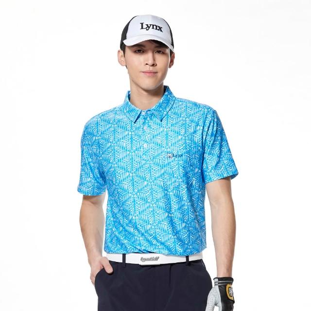 【Lynx Golf】男款吸濕排汗滿版幾何印花胸袋款短袖POLO衫/高爾夫球衫(中藍色)