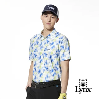 【Lynx Golf】男款吸濕排汗花卉幾何印花Lynx繡花短袖POLO衫/高爾夫球衫(藍色)