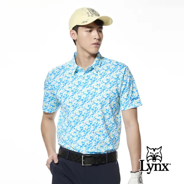 【Lynx Golf】男款吸排抗UV滿版抽象迷彩印花短袖POLO衫/高爾夫球衫(天藍色)