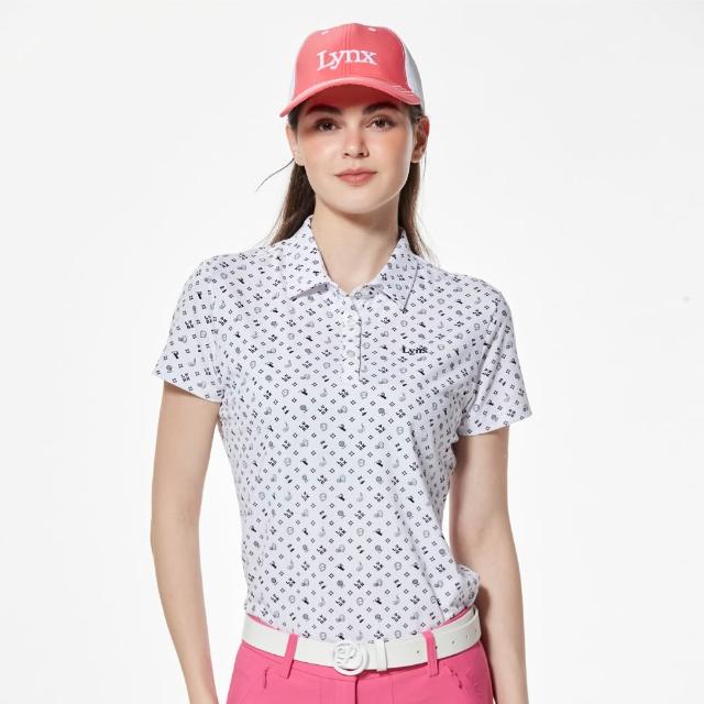 【Lynx Golf】女款吸濕排汗滿版高爾夫元素印花短袖POLO衫/高爾夫球衫(白色)