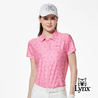 【Lynx Golf】女款吸濕排汗滿版幾何圖騰印花短袖POLO衫/高爾夫球衫(桃粉色)