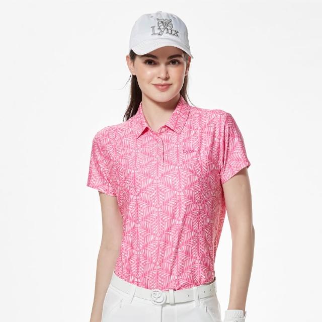 【Lynx Golf】女款吸濕排汗滿版幾何圖騰印花短袖POLO衫/高爾夫球衫(桃粉色)