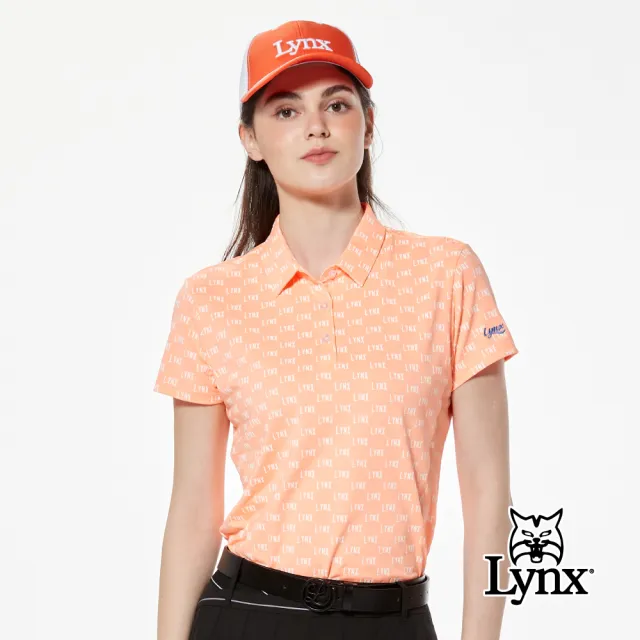 【Lynx Golf】女款吸濕排汗滿版Lynx印花亮眼螢光色系短袖POLO衫/高爾夫球衫(螢光橘色)