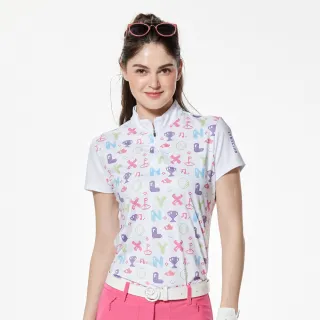 【Lynx Golf】女款吸濕排汗滿版彩色字母印花立領短袖POLO衫/高爾夫球衫(白色)