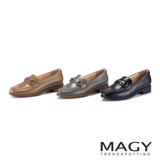 【MAGY】打蠟羊皮馬銜釦復古低跟樂福鞋 黑色