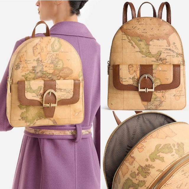 【Alviero Martini】義大利地圖包 皮革釦環裝飾 拉鍊雙層後背包30cm-地圖黃x咖啡色(後背包 皮質)