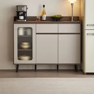 【hoi! 好好生活】Linsy簡約雙色鋼化玻璃拉門兩抽高腳餐邊櫃1.2M