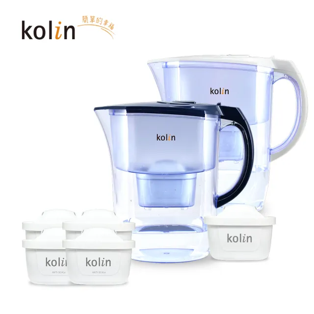 【Kolin 歌林】3.8L濾水壺(內含四重濾芯*1)+五重淨垢濾芯4入(共1壺5芯/適用Brita)