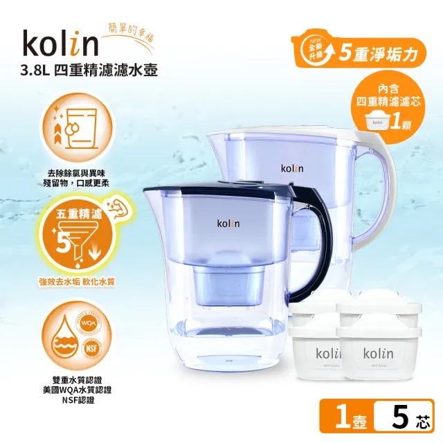 【Kolin 歌林】3.8L濾水壺(內含四重濾芯*1)+五重淨垢濾芯4入(共1壺5芯/適用Brita)