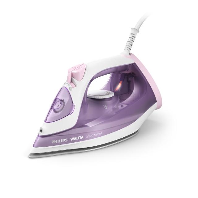 Philips 飛利浦 DST3010 蒸氣電熨斗（紫色）是高效家用熨燙工具，型號 DST3010/33，尺寸僅 12.1x14.3x29 cm，便於收納。水箱容量 300ml（1L 以下），60 秒快速加熱，1100W 功率提供強勁蒸氣，輕鬆去除頑固皺褶。2 年保固，BSMI 認證 R3D904，產地中國，適合日常衣物保養，提升生活便利。