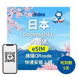 【iVideo】日本上網 eSIM 4G高速5天上網 Docomo無限吃到飽(日本上網 日本網路 日本網卡 日本eSIM吃到飽)