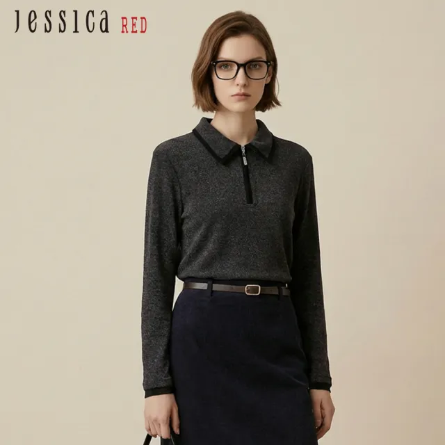 【Jessica Red】休閒百搭拉鏈翻領長袖T恤R55305(灰)