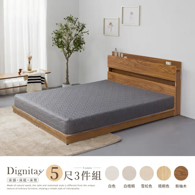 【H&D 東稻家居】DIGNITAS狄尼塔斯5尺插座雙人房間3件組 MIT 台灣製(床頭+床底+床墊 附燈 2色選)