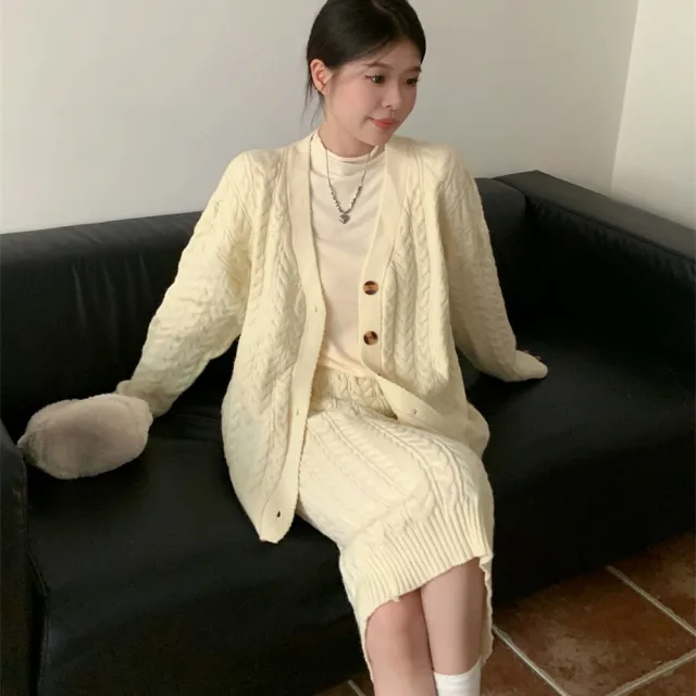 【AS 梨卡】女裝 外套 半身裙 套裝 連身裙 連身短裙 長裙 長袖 保暖半身裙 秋冬毛衣DR7299(套裝 連身裙)