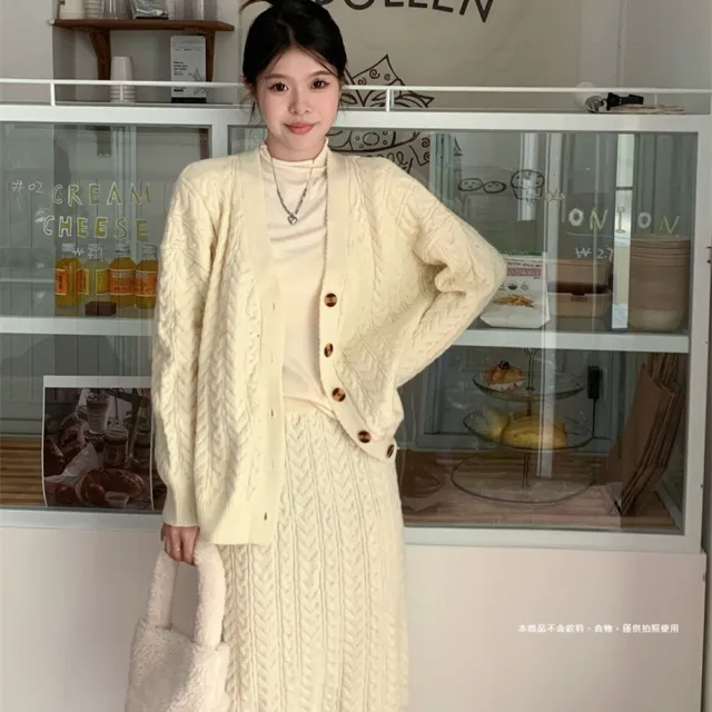 【AS 梨卡】女裝 外套 半身裙 套裝 連身裙 連身短裙 長裙 長袖 保暖半身裙 秋冬毛衣DR7299(套裝 連身裙)