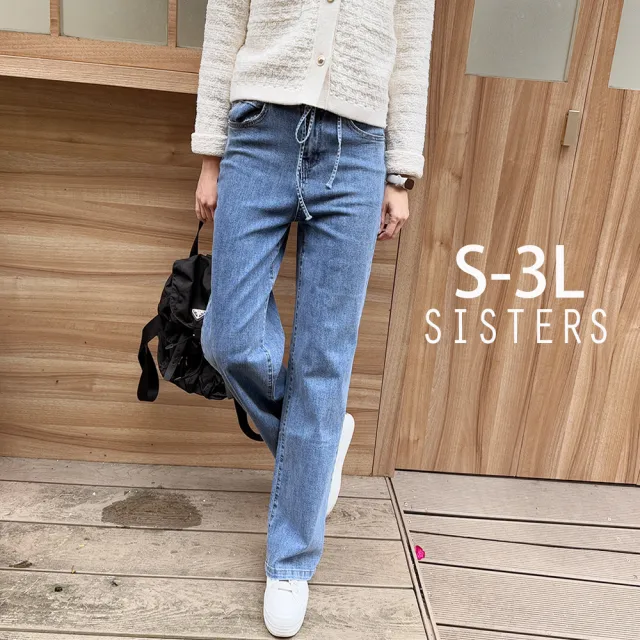【SISTERS】水洗刷色丹寧直筒寬褲 牛仔褲/S-3L(女下著/直筒褲/女褲/顯瘦/寬褲/長褲)