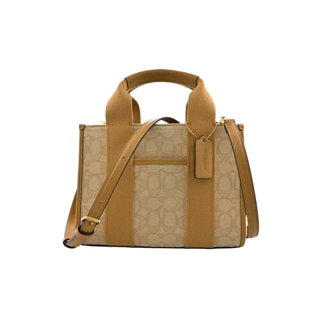 【COACH】SMITH LOGO字織帶手提/斜背立體托特方包(淺卡其/C LOGO緹花布/小款)