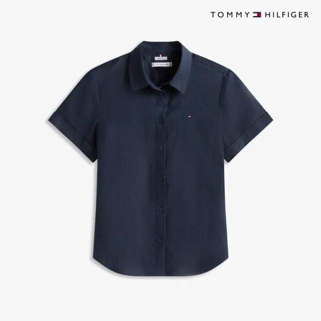 【TOMMY HILFIGER】官方旗艦館寬版亞麻短袖襯衫_藍色