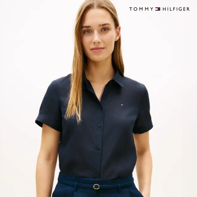 【TOMMY HILFIGER】官方旗艦館寬版亞麻短袖襯衫_藍色
