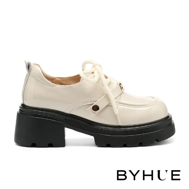 【BYHUE】奶油純欲風多穿活動條帶牛漆皮綁帶軟芯厚底鞋(米白)
