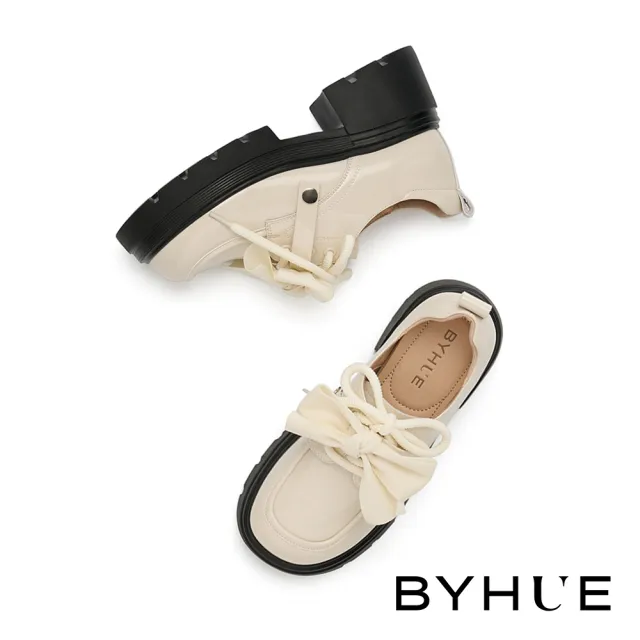 【BYHUE】奶油純欲風多穿活動條帶牛漆皮綁帶軟芯厚底鞋(米白)