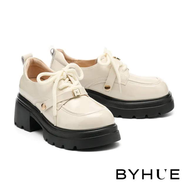 【BYHUE】奶油純欲風多穿活動條帶牛漆皮綁帶軟芯厚底鞋(米白)