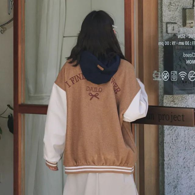 【Dailo】男友風毛呢皮革拼接棒球外套(咖 灰 深灰)