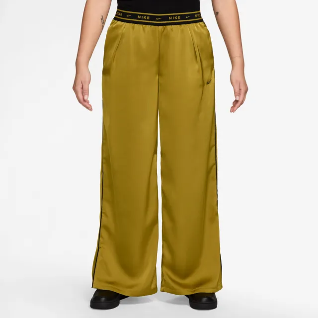 【NIKE 耐吉】長褲 女 運動褲 緞面 寬鬆 AS W NSW OFFLN WVN STN PANT 芥黃 IH1327-322