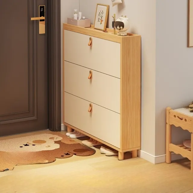 簡約翻鬥鞋櫃 原木色+奶油白色100×17×120cm(超薄省空間/透氣防潮/加高實木腿)