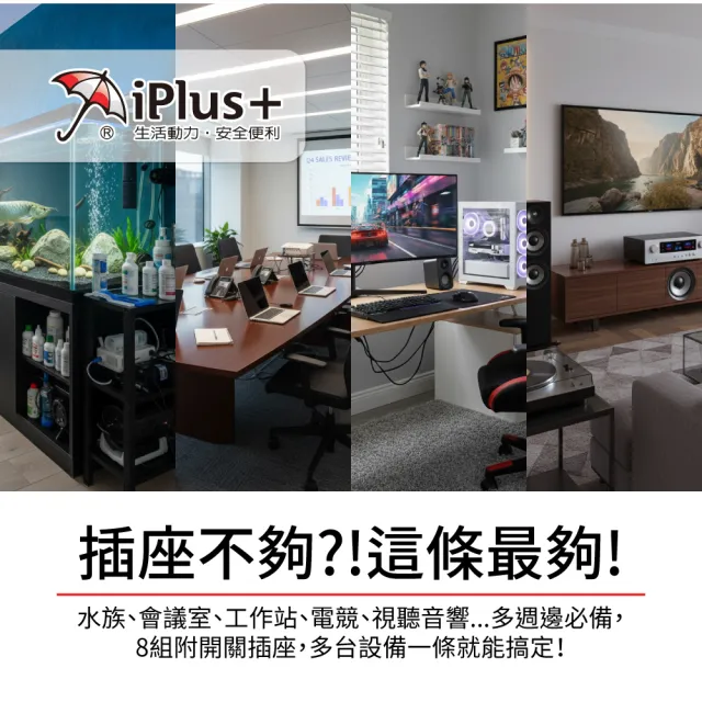 【iPlus+ 保護傘】9開8插3P防塵抗雷擊旋轉插頭延長線4.5M(PU-3987S 斜面開關.台灣製.防火)