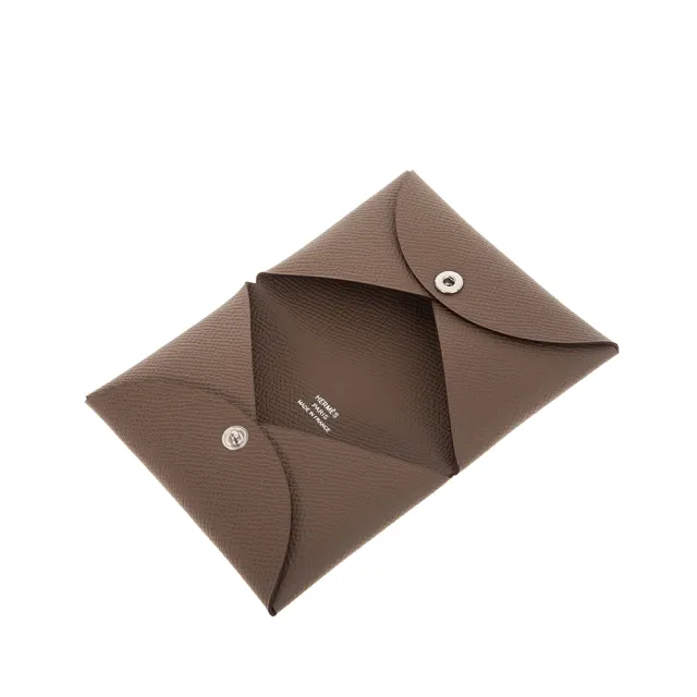 【Hermes 愛馬仕】經典calvi 牛皮釦式對開卡片夾(大象灰)