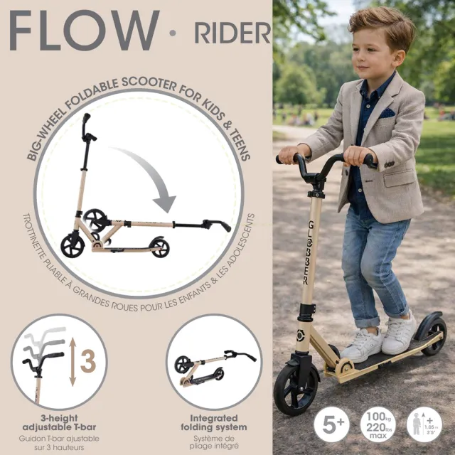 【GLOBBER 哥輪步】官方直營 法國 FLOW RIDER 青少年兩輪折疊滑板車-沙漠色(2輪摺疊滑板車、直立站立)