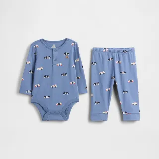 【GAP】嬰兒裝 小熊刺繡印花圓領長袖包屁衣/長褲家居套裝-淺藍色(845595)
