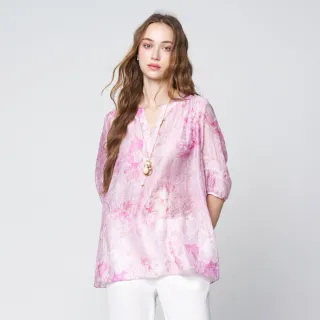 【KERAIA 克萊亞】嫣粉繪花半襟印花天絲上衣