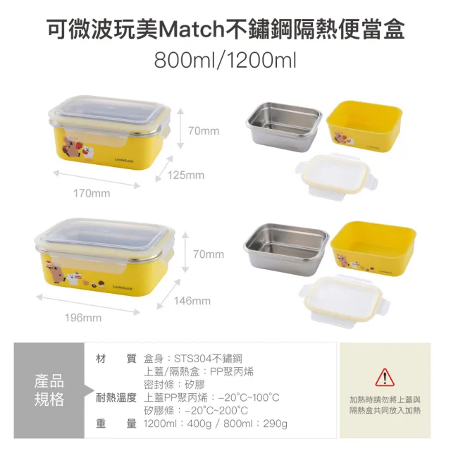 【LocknLock 樂扣樂扣】官方直營 呆萌町系列 可微波玩美Match不鏽鋼隔熱便當盒 1200ml(可微波/304不鏽鋼)